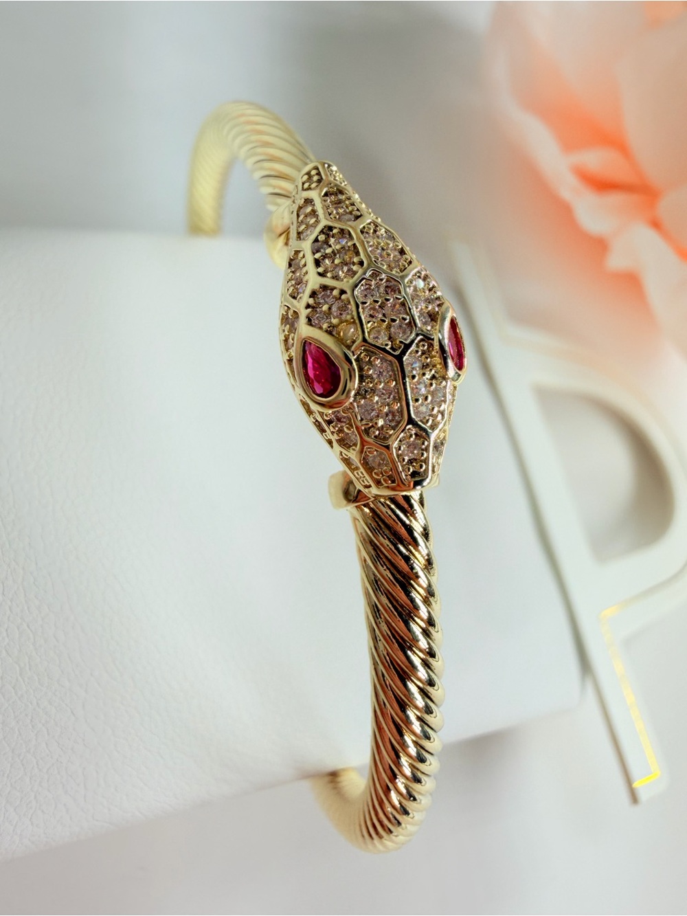 Gold-Tone Snake Cuff Bracelet with Ruby Accent